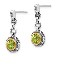 Shey Couture Antiqued Sterling Silver Earrings with 14K Gold-plated Accent Round Bezel Peridot Post Dangle view 2