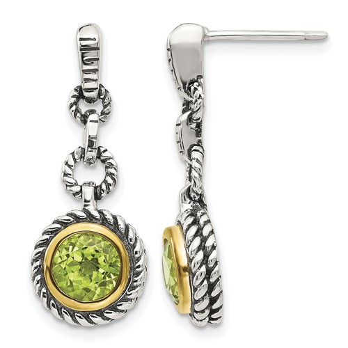 Shey Couture Antiqued Sterling Silver Earrings with 14K Gold-plated Accent Round Bezel Peridot Post Dangle