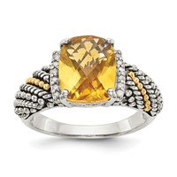 Shey Couture Sterling Silver Ring with 14K Accent Antiqued Diamond and Checkerboard Cushion Citrine view 1