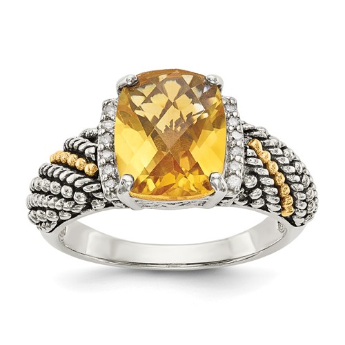 Shey Couture Sterling Silver Ring with 14K Accent Antiqued Diamond and Checkerboard Cushion Citrine