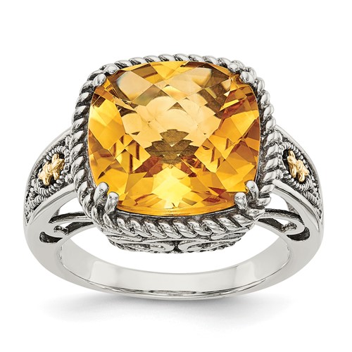 Shey Couture Sterling Silver Ring with 14K Accent Antiqued Cushion Citrine