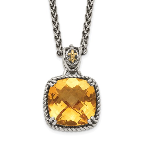 Shey Couture Sterling Silver Necklace with 14K Accent Antiqued Checkerboard Cushion Citrine, 18"