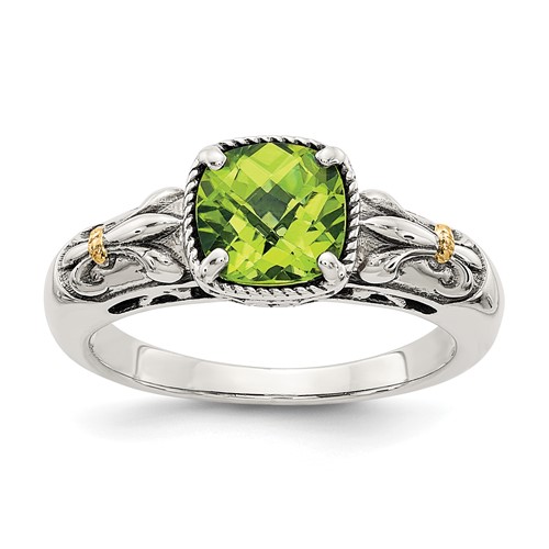 Shey Couture Sterling Silver Ring with 14K Accent Antiqued Cushion Peridot