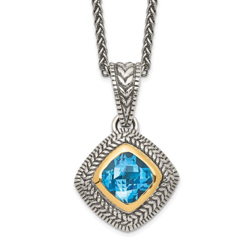 Shey Couture Sterling Silver Necklace with 14K Accent Antiqued Cushion Bezel Sky Blue Topaz, 18"
