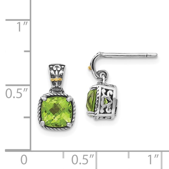 Shey Couture Sterling Silver with 14K Accent Antiqued Cushion Peridot Dangle Post Earrings