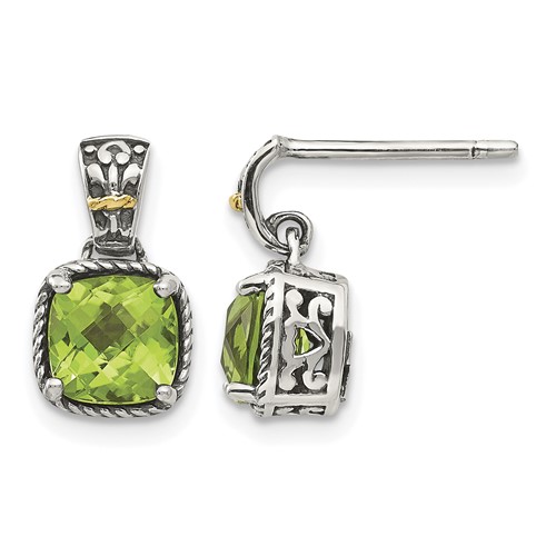 Shey Couture Sterling Silver Earrings with 14K Accent Antiqued Cushion Peridot Dangle Post