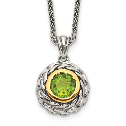 Shey Couture Sterling Silver Necklace with 14K Accent Antiqued Round Bezel Peridot, 18"