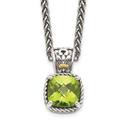 Shey Couture Sterling Silver Necklace with 14K Accent Antiqued Cushion Peridot, 18"