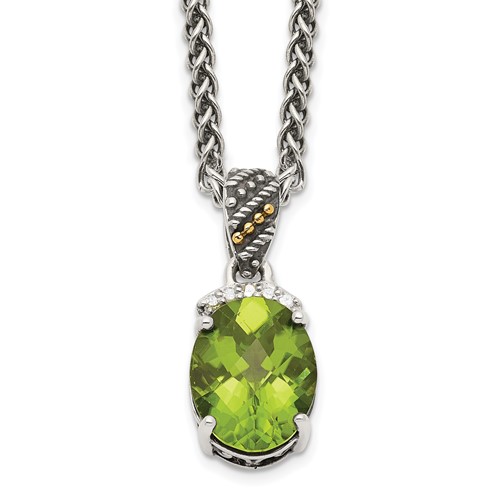 Shey Couture Sterling Silver Necklace with 14K Accent Antiqued Oval Peridot and Diamond, 18"