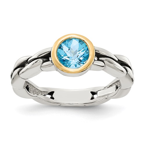 Shey Couture Sterling Silver Ring with 14K Accent Antiqued Round Bezel Sky Blue Topaz