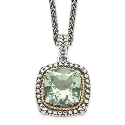 Shey Couture Sterling Silver Necklace with 14K Accent Antiqued Cushion Green Quartz, 18"
