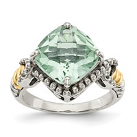 Shey Couture Sterling Silver Ring with 14K Accent Antiqued Cushion Green Quartz Cushion view 1