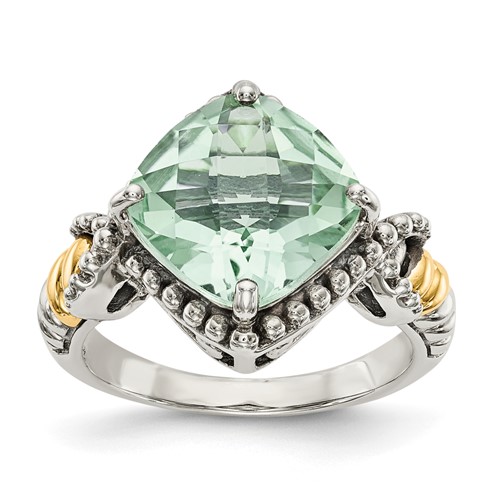 Shey Couture Sterling Silver Ring with 14K Accent Antiqued Cushion Green Quartz Cushion