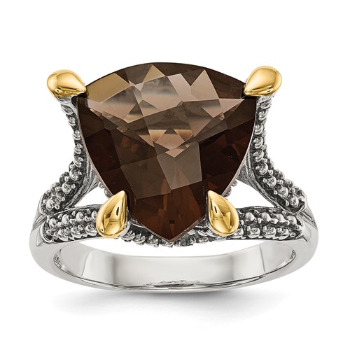 Shey Couture Sterling Silver Ring with 14K Accent Antiqued Trillion Checkerboard Smoky Quartz