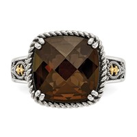 Shey Couture Sterling Silver Ring with 14K Accent Antiqued Cushion Checkerboard Smoky Quartz view 5