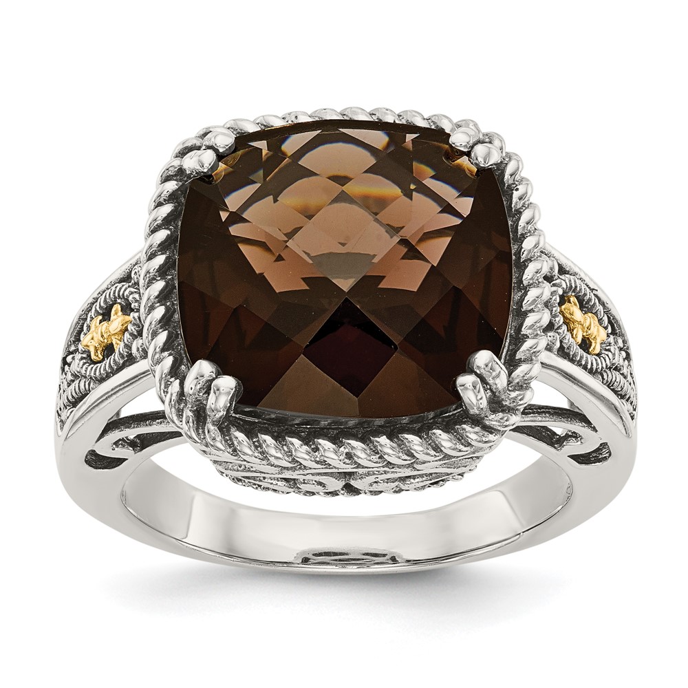 Shey Couture Sterling Silver Ring with 14K Accent Antiqued Cushion Checkerboard Smoky Quartz