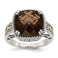 Shey Couture Sterling Silver Ring with 14K Accent Antiqued Cushion Checkerboard Smoky Quartz view 1