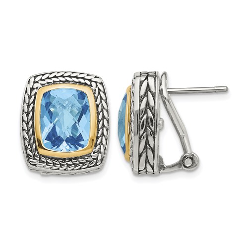 Shey Couture Sterling Silver Earrings with 14K Accent Antiqued Cushion Bezel Swiss Blue Topaz Omega Back