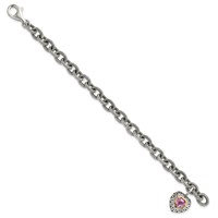 Shey Couture Sterling Silver Bracelet with 14K Accent Antiqued Heart Bezel Created Pink Sapphire Heart Charm, 7.5" view 2