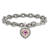 Shey Couture Sterling Silver Bracelet with 14K Accent Antiqued Heart Bezel Created Pink Sapphire Heart Charm, 7.5" view 4