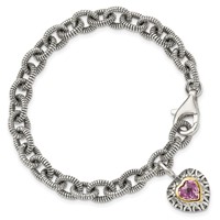 Shey Couture Sterling Silver Bracelet with 14K Accent Antiqued Heart Bezel Created Pink Sapphire Heart Charm, 7.5" view 5