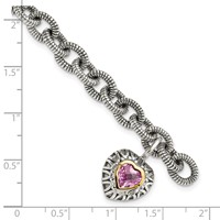 Shey Couture Sterling Silver Bracelet with 14K Accent Antiqued Heart Bezel Created Pink Sapphire Heart Charm, 7.5" view 3