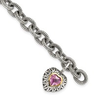 Shey Couture Sterling Silver Bracelet with 14K Accent Antiqued Heart Bezel Created Pink Sapphire Heart Charm, 7.5" view 1