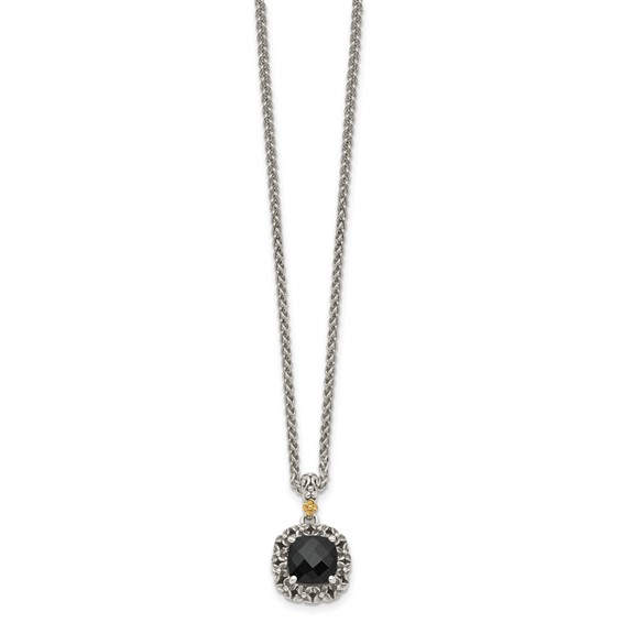 Shey Couture Sterling Silver with 14K Accent 18 Inch Antiqued Checkerboard-cut Black Onyx Necklace