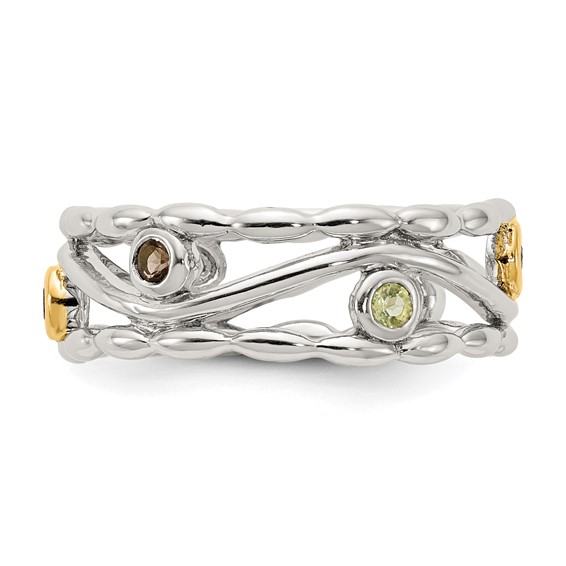 Shey Couture Sterling Silver Rhodium-plated with 14K Accent Round Bezel Amethyst Blue Topaz/Citrine/Garnet/Peridot and Smoky Quartz Ring