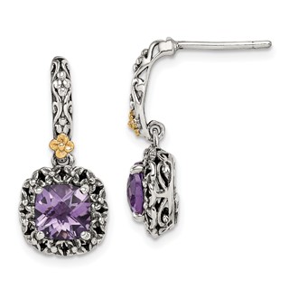 Shey Couture Sterling Silver with 14K Accent Antiqued Cushion Amethyst Post Dangle Earrings