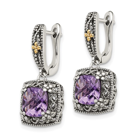 Shey Couture Sterling Silver with 14K Accent Antiqued Cushion Amethyst Hinged Hoop Dangle Earrings
