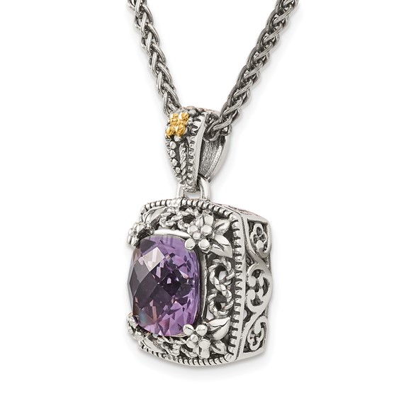 Shey Couture Sterling Silver with 14K Accent 18 Inch Antiqued Cushion Amethyst Necklace
