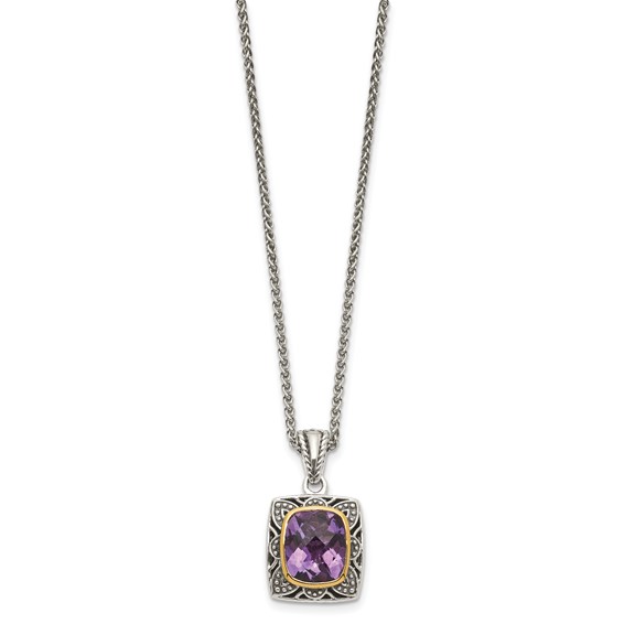 Shey Couture Sterling Silver with 14K Accent 18 Inch Antiqued Checkerboard-cut Cushion Bezel Amethyst Necklace