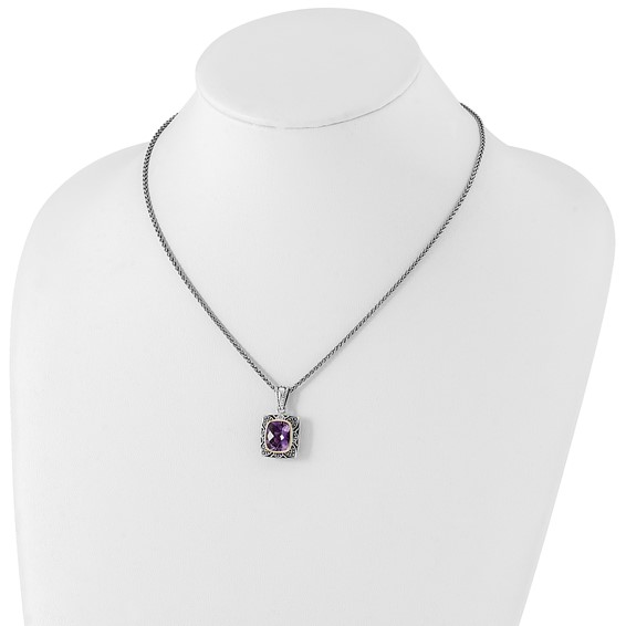 Shey Couture Sterling Silver with 14K Accent 18 Inch Antiqued Checkerboard-cut Cushion Bezel Amethyst Necklace