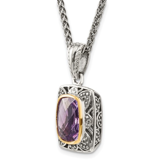 Shey Couture Sterling Silver with 14K Accent 18 Inch Antiqued Checkerboard-cut Cushion Bezel Amethyst Necklace