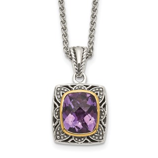 Shey Couture Sterling Silver with 14K Accent 18 Inch Antiqued Checkerboard-cut Cushion Bezel Amethyst Necklace
