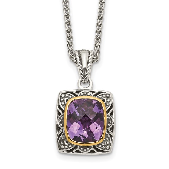 Shey Couture Sterling Silver with 14K Accent 18 Inch Antiqued Checkerboard-cut Cushion Bezel Amethyst Necklace