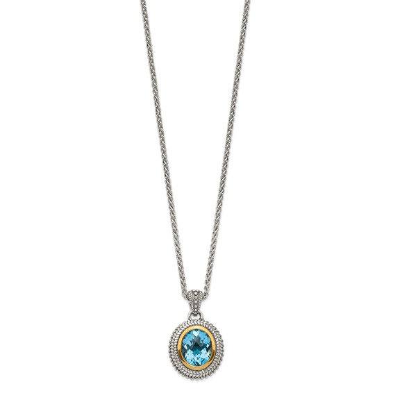 Shey Couture Sterling Silver with 14K Accent 18 Inch Antiqued Oval Bezel Light Swiss Blue Topaz Necklace