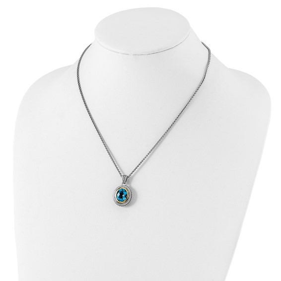 Shey Couture Sterling Silver with 14K Accent 18 Inch Antiqued Oval Bezel Light Swiss Blue Topaz Necklace