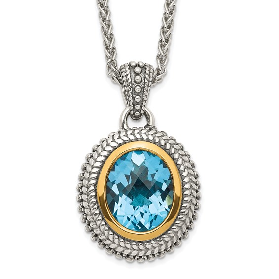 Shey Couture Sterling Silver with 14K Accent 18 Inch Antiqued Oval Bezel Light Swiss Blue Topaz Necklace