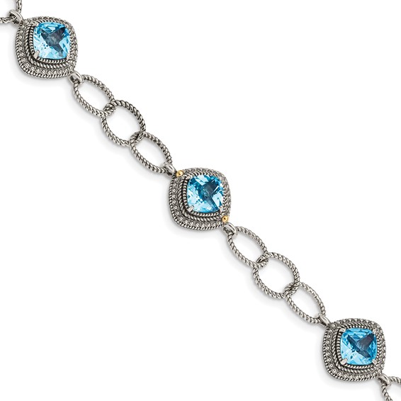 Shey Couture Sterling Silver with 14K Accent 7.5 Inch Antiqued Cushion Light Swiss Blue Topaz Bracelet
