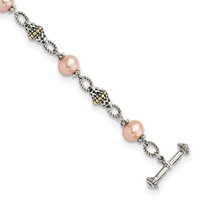 Shey Couture Sterling Silver Bracelet with 14K Accent Antiqued 9-10mm Freshwater Cultured Pink Pearl, 7.5" view 1
