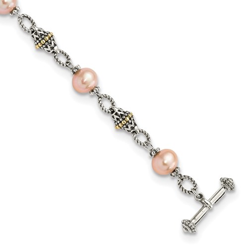 Shey Couture Sterling Silver Bracelet with 14K Accent Antiqued 9-10mm Freshwater Cultured Pink Pearl, 7.5"