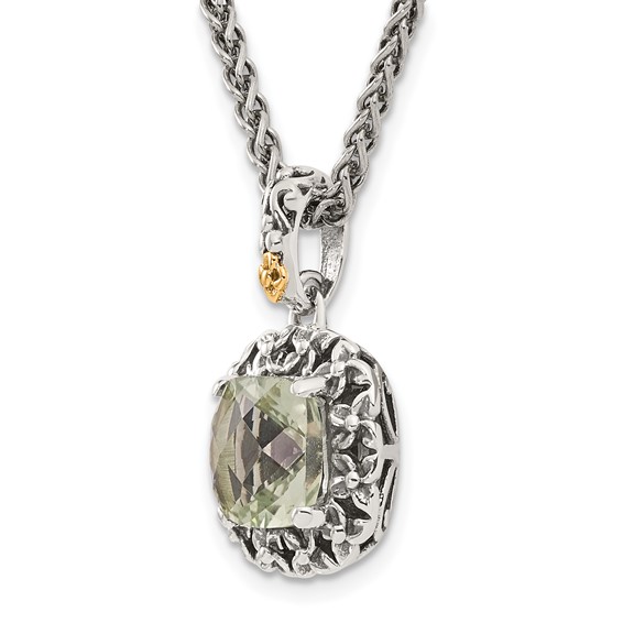Shey Couture Sterling Silver with 14K Accent 18 Inch Antiqued Cushion Green Quartz Necklace