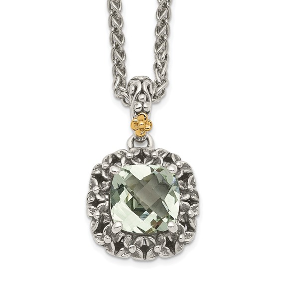 Shey Couture Sterling Silver with 14K Accent 18 Inch Antiqued Cushion Green Quartz Necklace