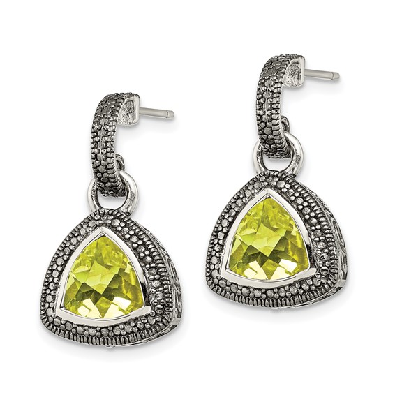 Shey Couture Sterling Silver with 14K Accent Antiqued Trillion Bezel Lemon Quartz Dangle Earrings