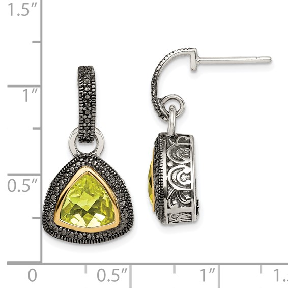 Shey Couture Sterling Silver with 14K Accent Antiqued Trillion Bezel Lemon Quartz Dangle Earrings