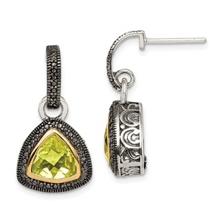 Shey Couture Sterling Silver with 14K Accent Antiqued Trillion Bezel Lemon Quartz Dangle Earrings