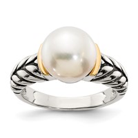 Shey Couture Sterling Silver Ring with 14K Accent Antiqued 10mm Button Freshwater Cultured Pearl view 1