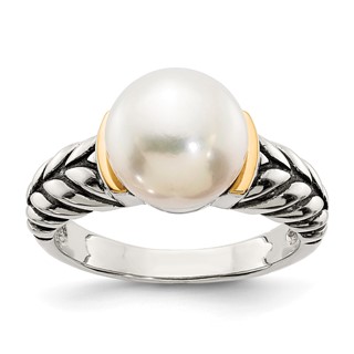 Shey Couture Sterling Silver with 14K Accent Antiqued 10mm Button Freshwater Cultured Pearl Ring